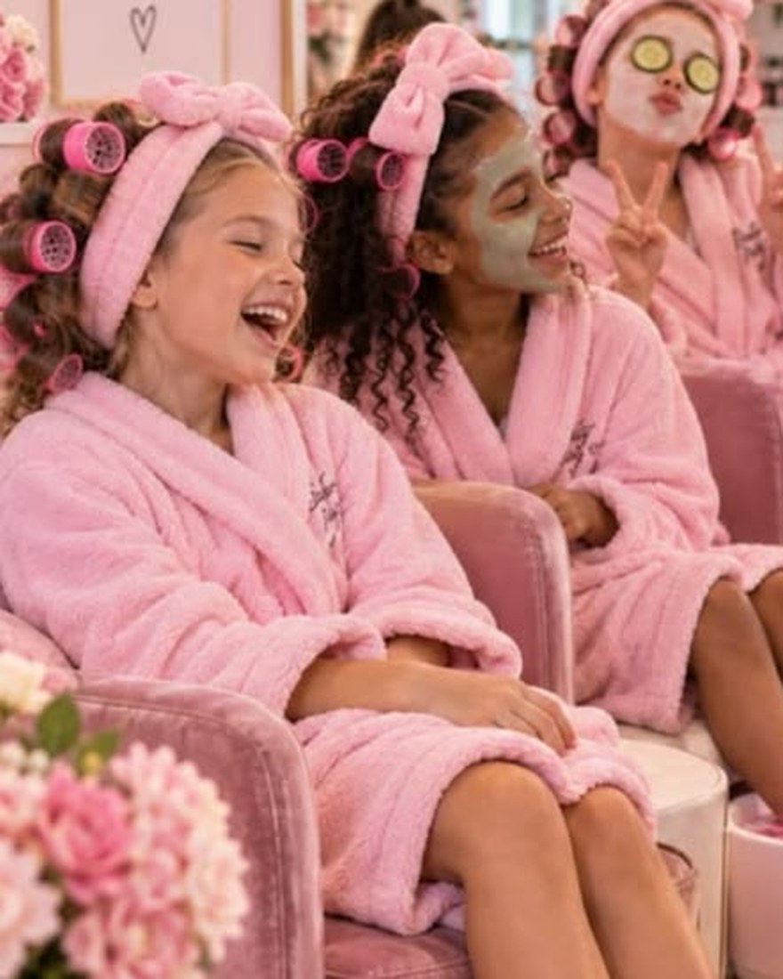Bambine in accappatoio rosa durante uno SPA party